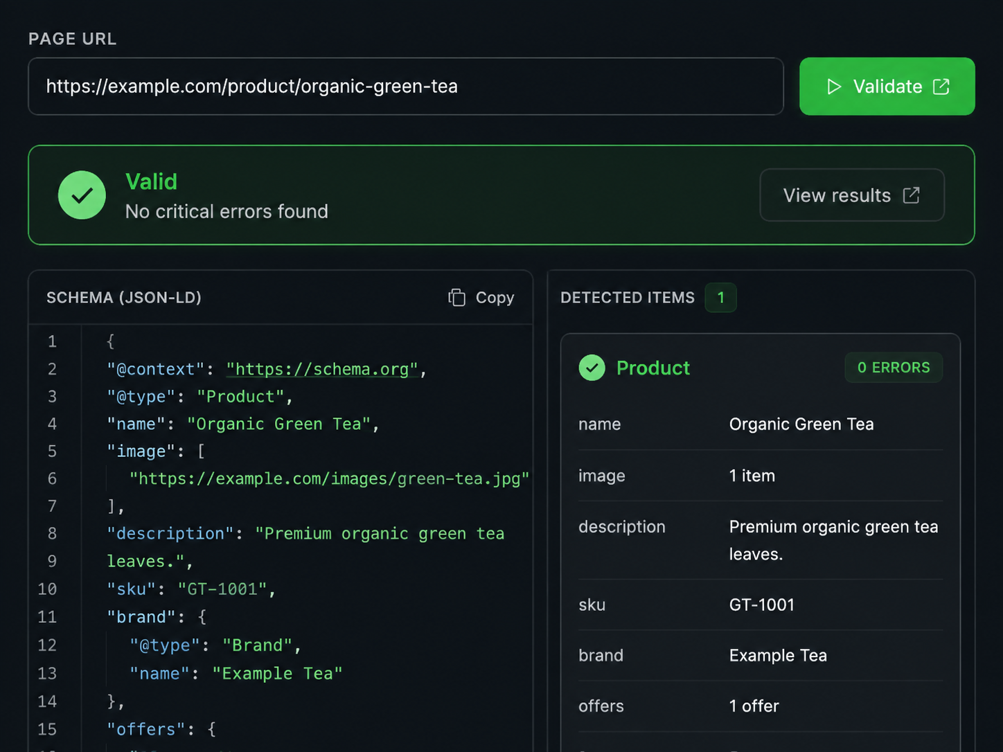 Schema validation with green check and detected items table