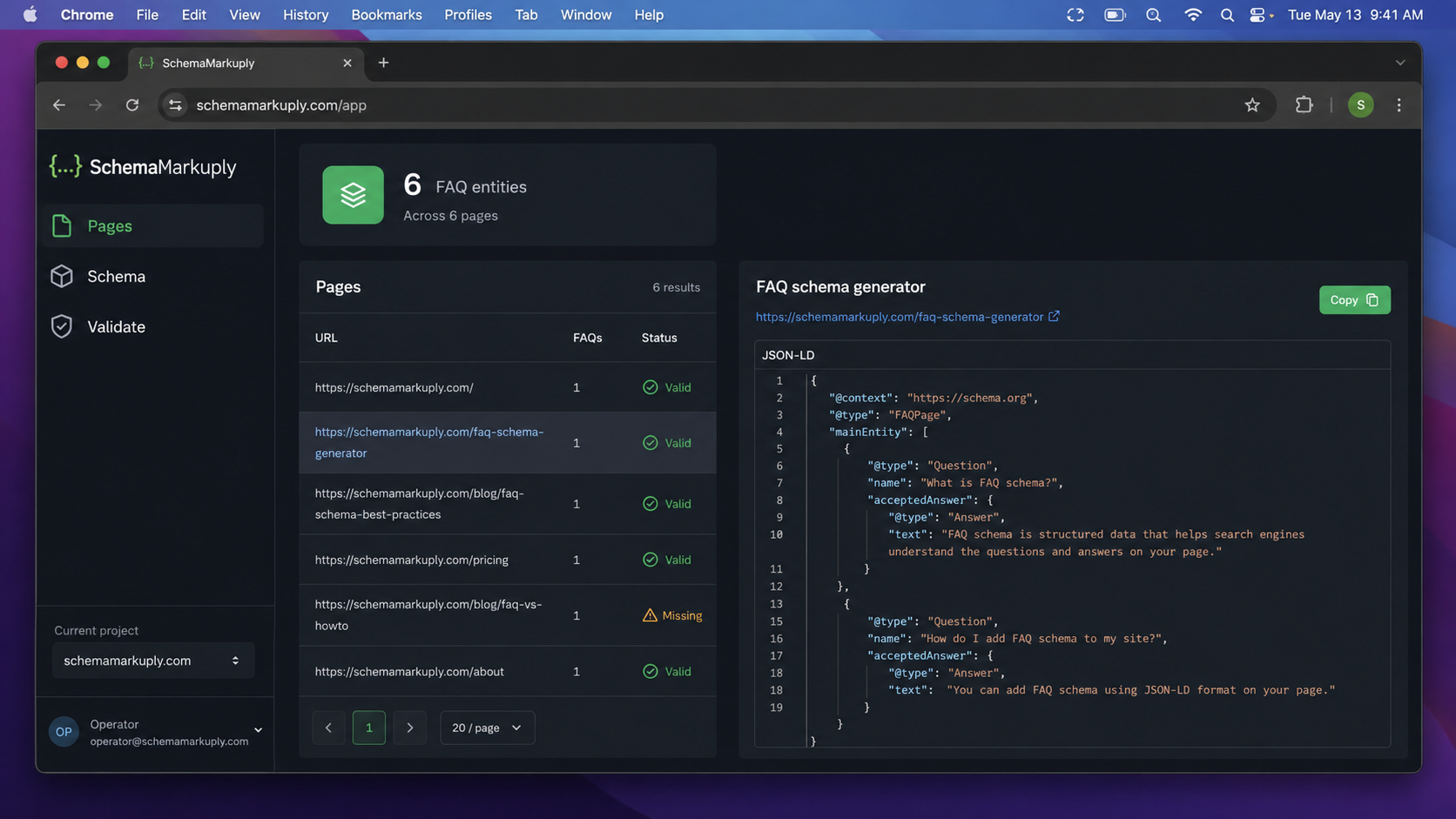 SchemaMarkuply dashboard with FAQ schema generator and page list